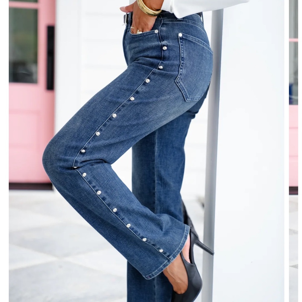 Judy Blue High Rise Dark Wash Studded Straight Leg Jeans